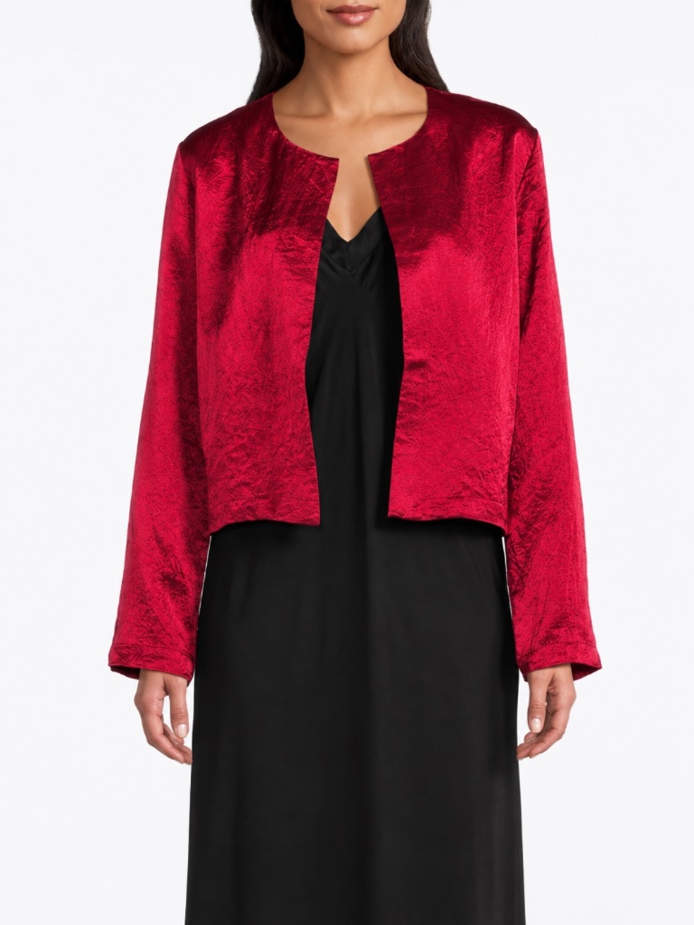 NWT Eileen Fisher Textured Satin Round Neck Long Sleeve Cropped Jacket